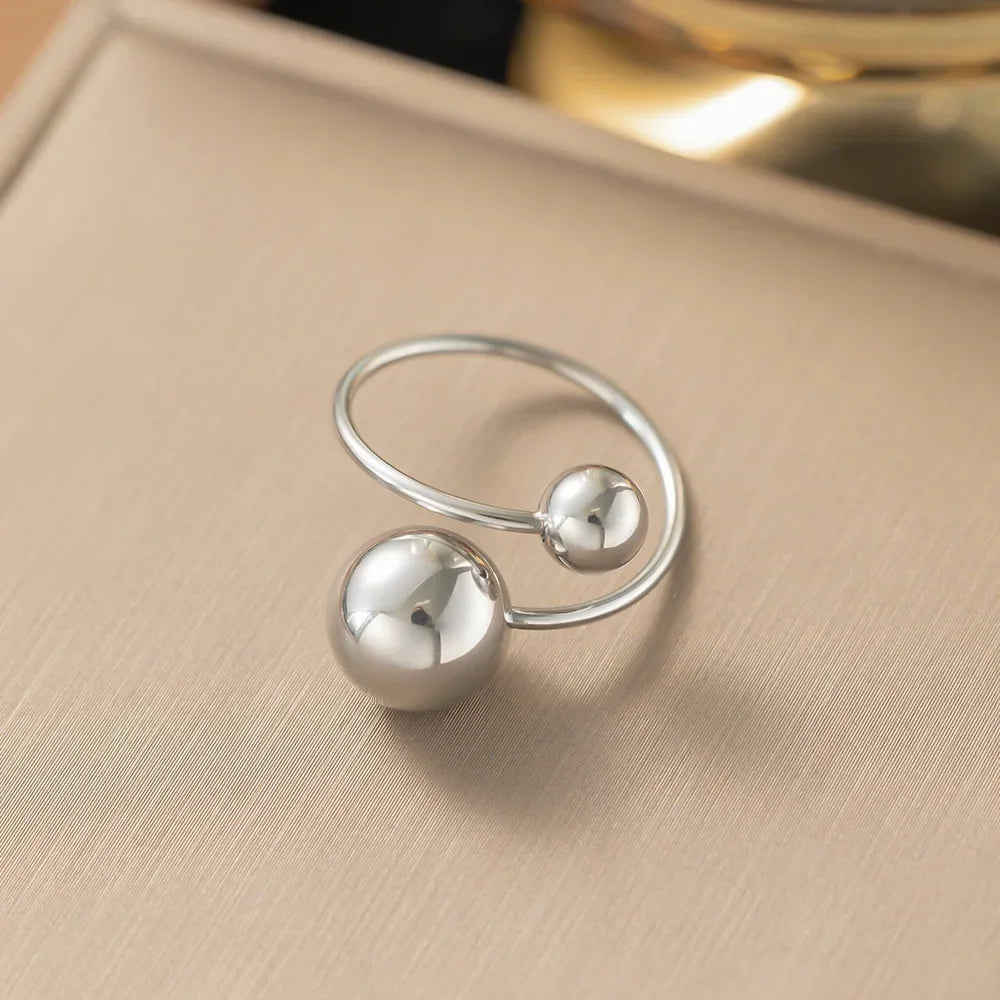 No Fade Stainless Steel Adjustable Open Spheres Anillo Wrap Double Ball Around Ring For Women Asymmetrical Jewelry Accessory