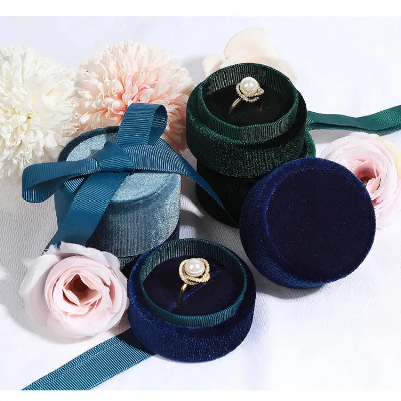 Velvet Round Silk Ribbon Jewelry Box Ring Necklace Earrings Jewelry Storage Box for Proposal Wedding Jewelry Packaging Display