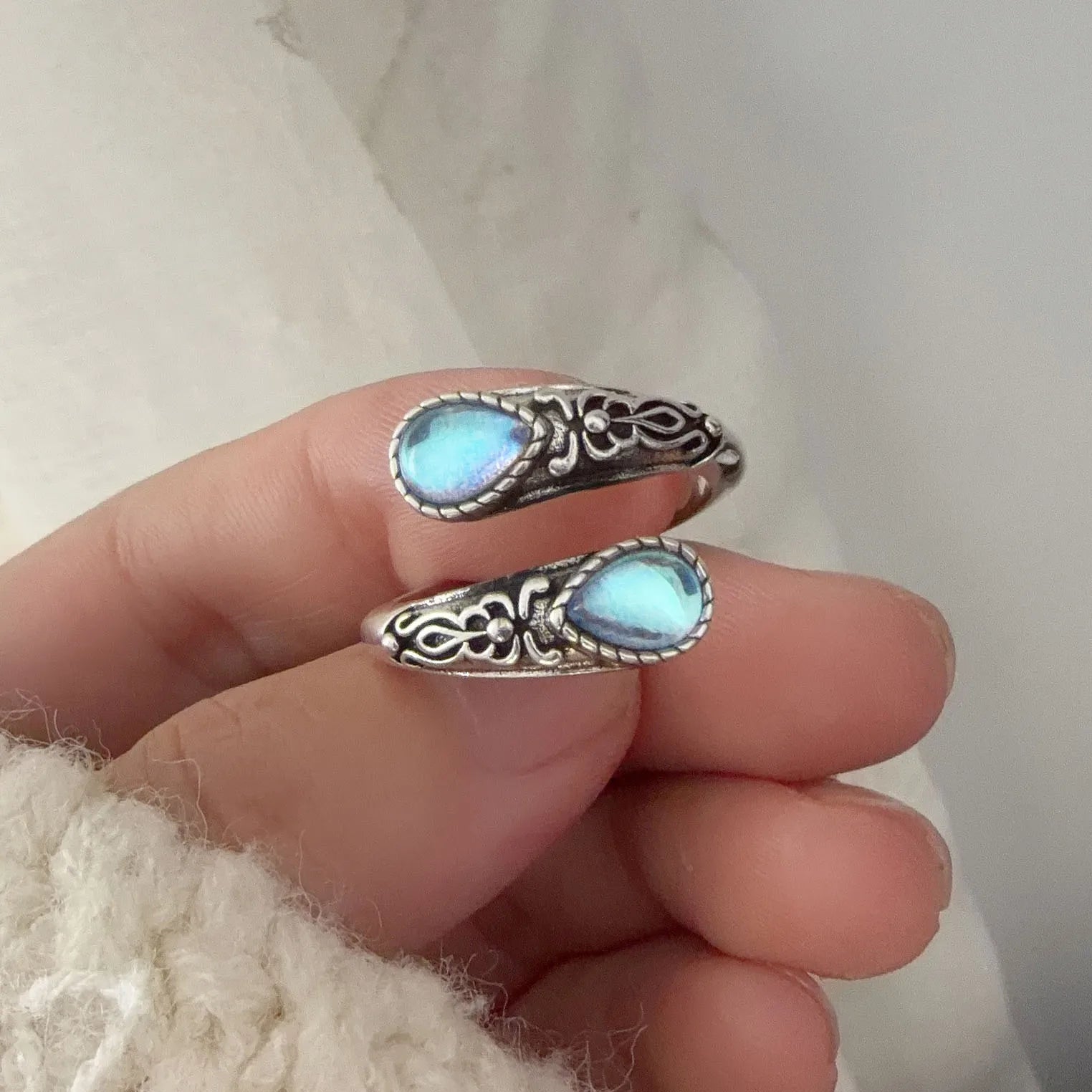 925 Sterling Silver Rings For Women Geometric Fine Jewelry Finger Adjustable Vintage BLue Stone Ring For Party Birthday Gift