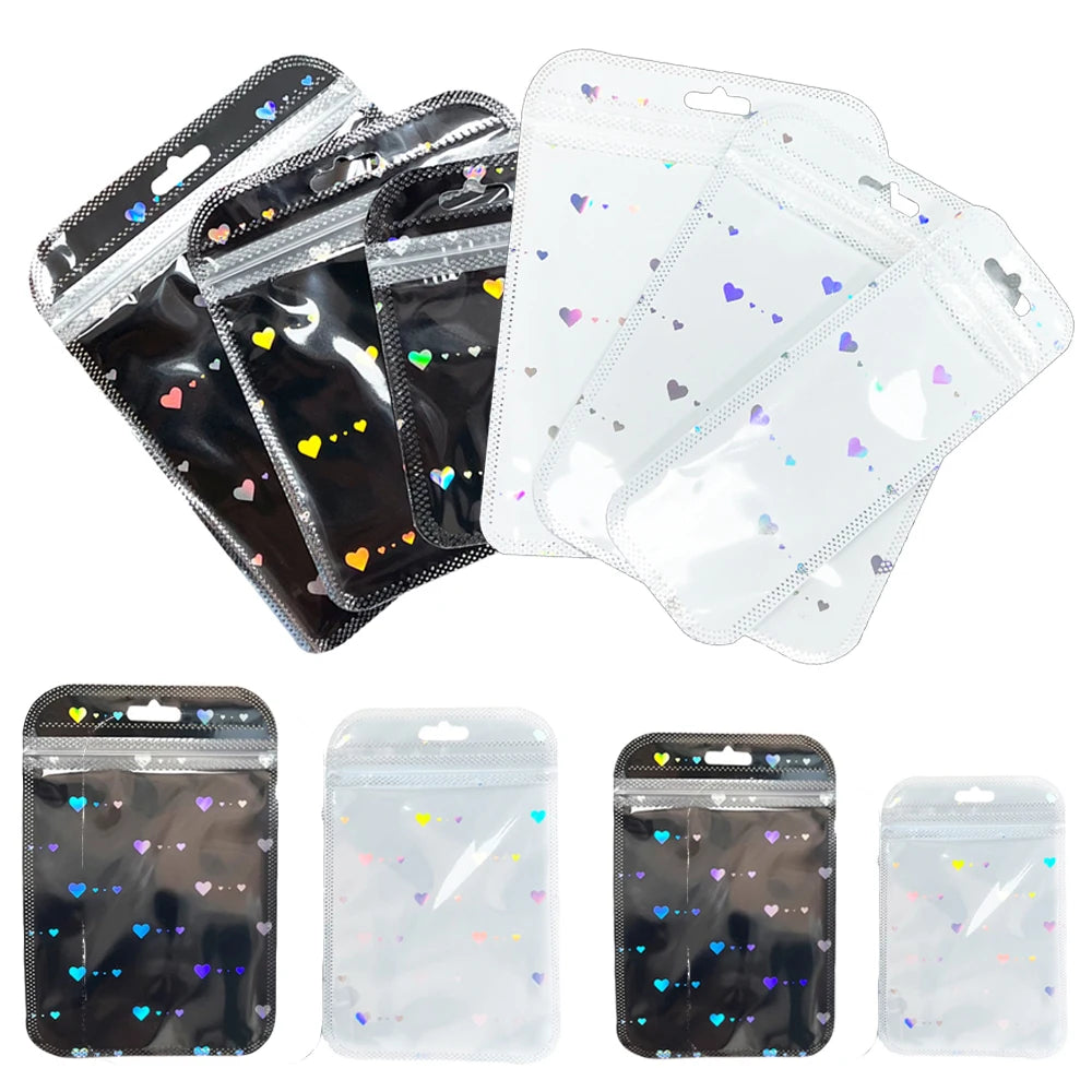 50pcs Black White Laser Heart Zipper Bags Jewelry Pouch For Bead Product Small Business Entrepreneurship Packing Material Supply