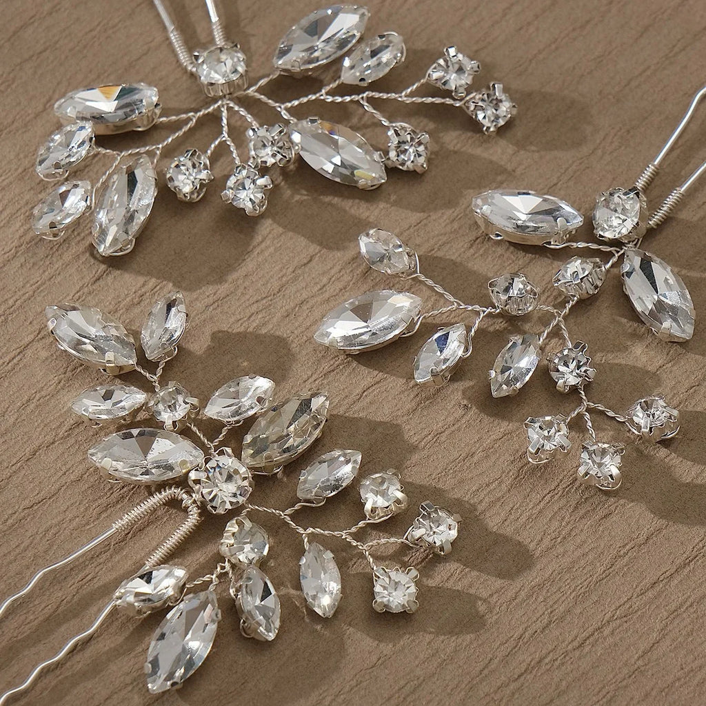 Bride U-shaped Hairpins Wedding Hair Accessories Rhinestone Leaf Shaped Hair Clips Fashion Party Side Comb Hair Jewelry Sets