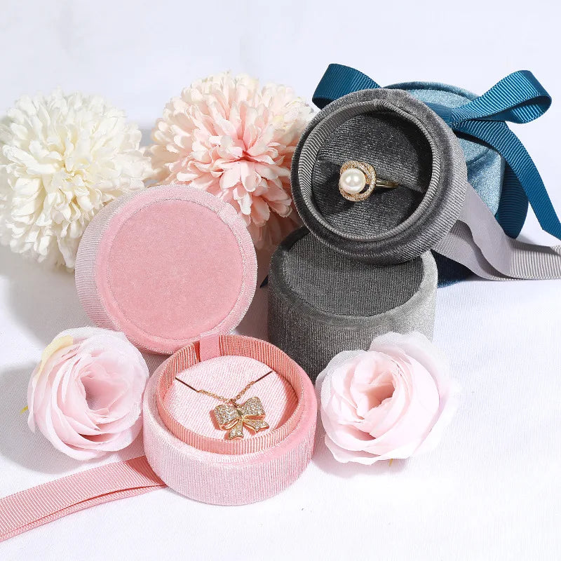 Velvet Round Silk Ribbon Jewelry Box Ring Necklace Earrings Jewelry Storage Box for Proposal Wedding Jewelry Packaging Display
