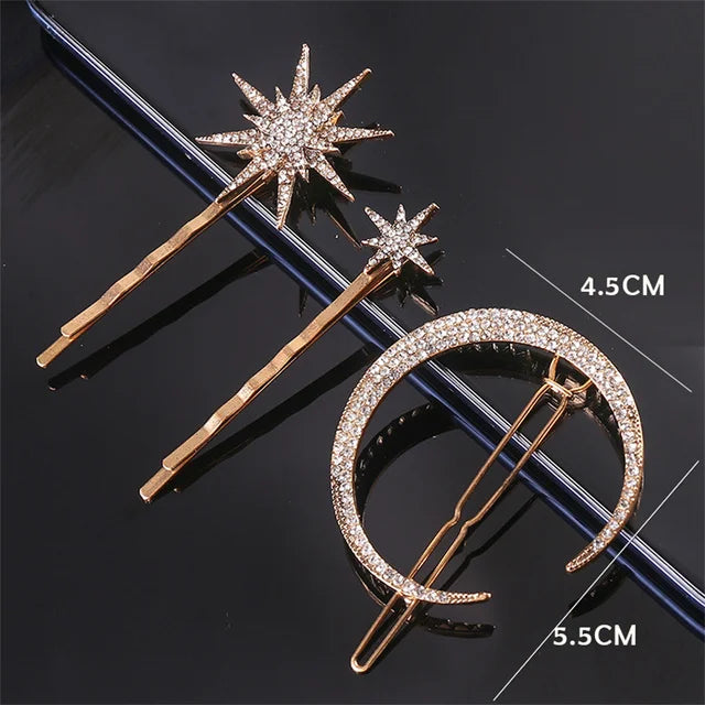 New Geometric Stars Moon Rhinestone Hair Clip Set Snowflake Star bride Hairpins Women Side Clip Hair Barrettes Hair Accessories