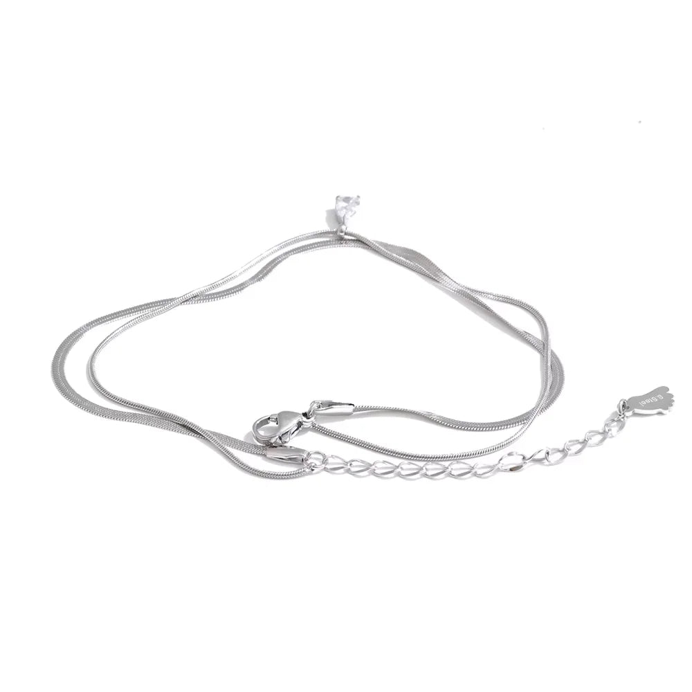 Yhpup Stainless Steel Zirconia Snake Chain Double Layer Anklet Exquisite Fashion Basic Casual Lightweight Jewelry Gift