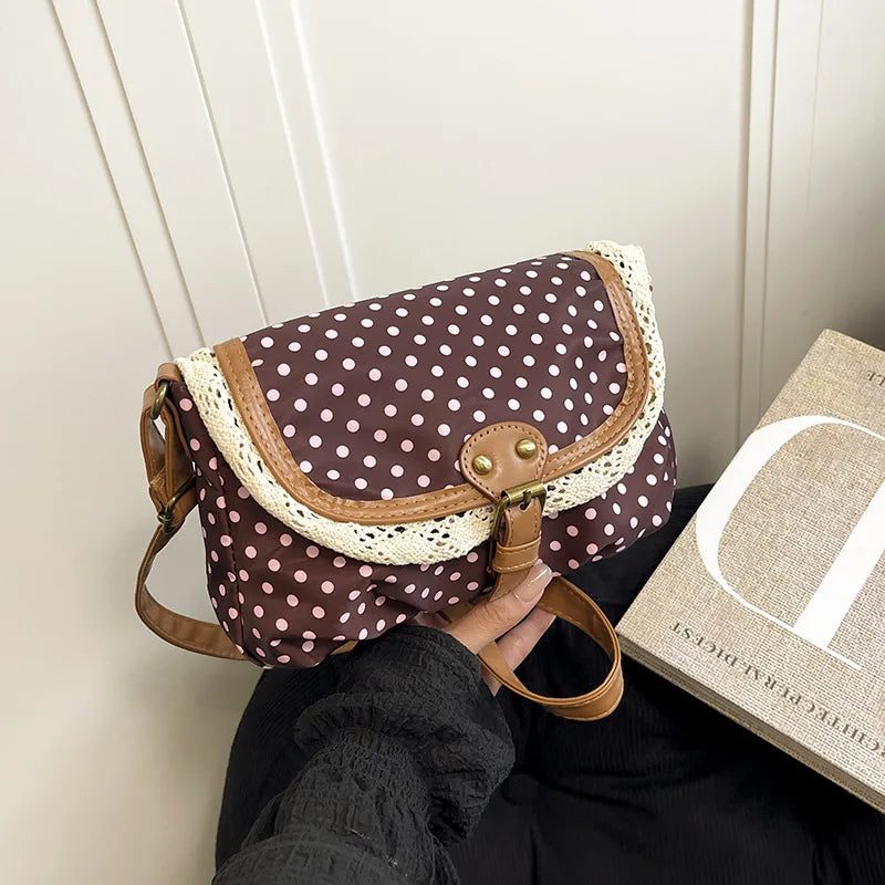 French Retro Dot Women Shoulder Bags Sweet Lace Ladies Flap Crossbody Bag Purse Elegant Portable Female Lightweight Handbags