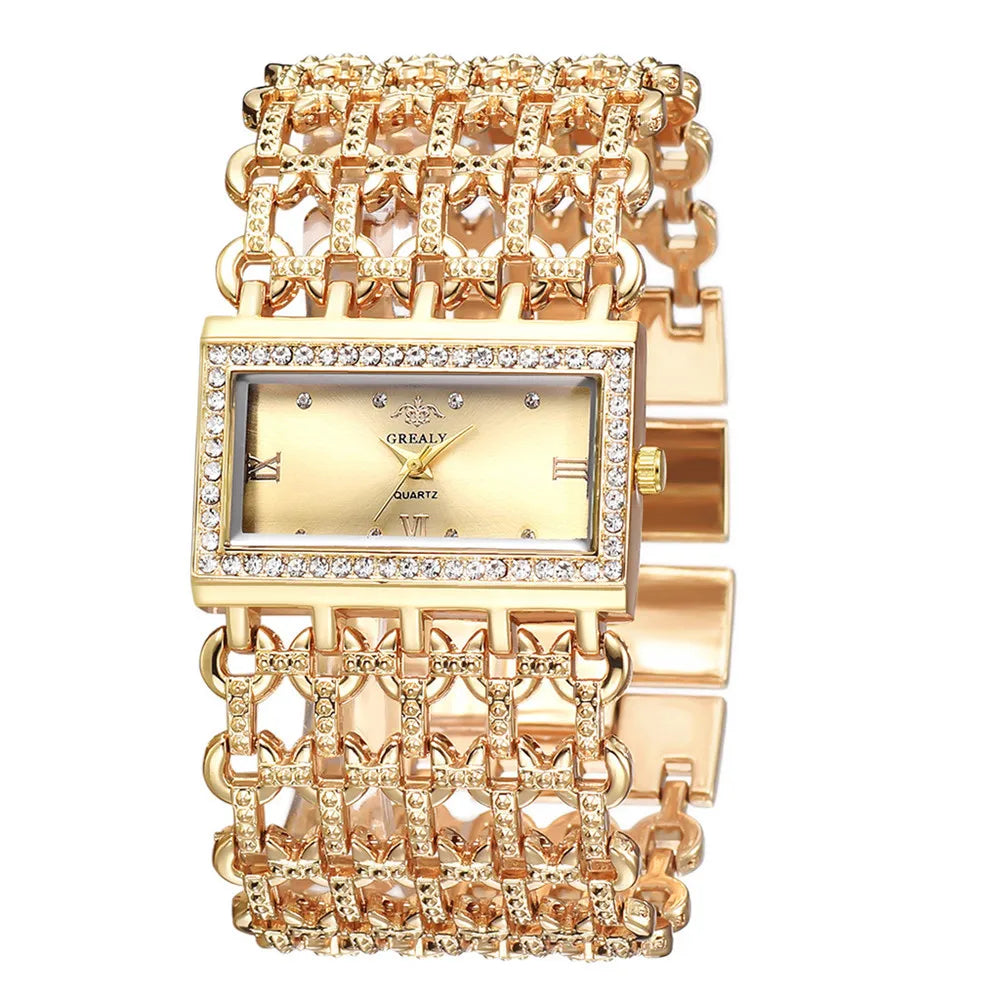 UTHAI Ladies' Watch Square Diamond Set Quartz Watch Fashion Casual Gold Stainless Steel Wristband Women's Watch