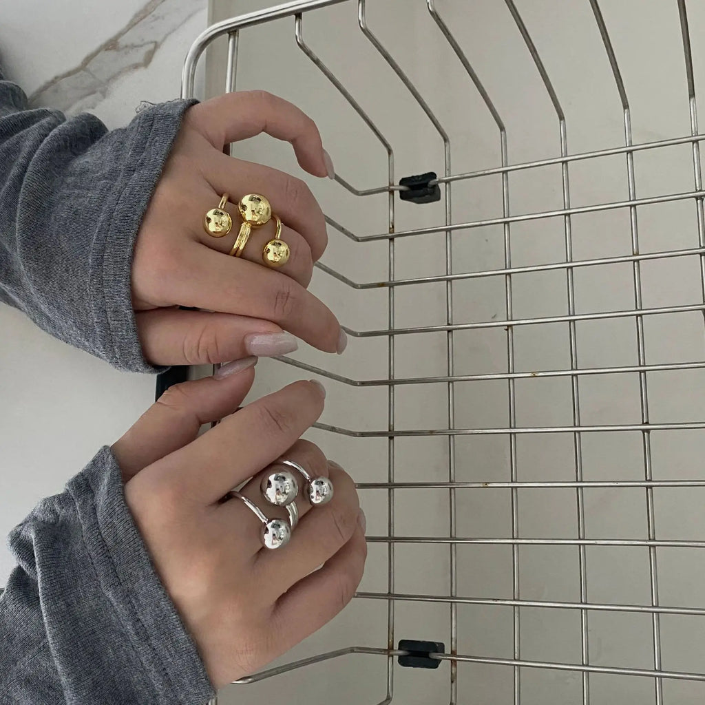 LATS Exaggeration Punk Metal Personality Irregular Three-layer Design Ball-Shape Open Ring for Women Fashion Simple Jewelry Gift