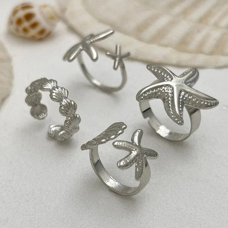 4Pcs/set Starfish Shell Hot Sale Open Rings for Women Men Gold Color Irregular Textured Adjustable Rings Set Jewelry Gifts