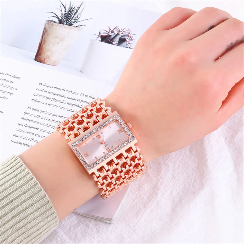 UTHAI Ladies' Watch Square Diamond Set Quartz Watch Fashion Casual Gold Stainless Steel Wristband Women's Watch