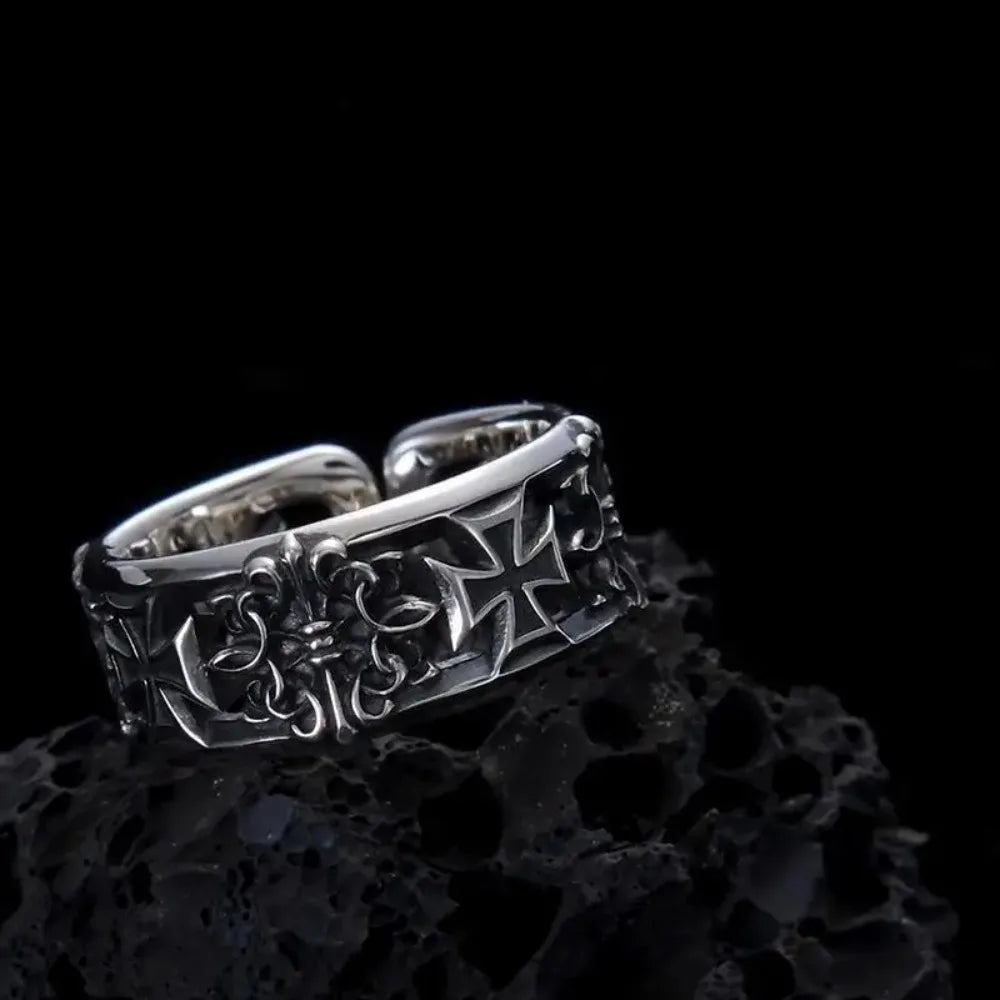 Y2K hip-hop silver rose pattern open ring for women and men fashion adjustable couple ring retro ring jewelry gift