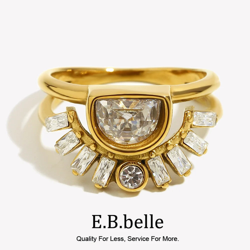 E.B.belle Stainless Steel Rhinestone Jewelry Elegant Sun Layer Shaped Ring  Tarnish Free For Women's Gift Party