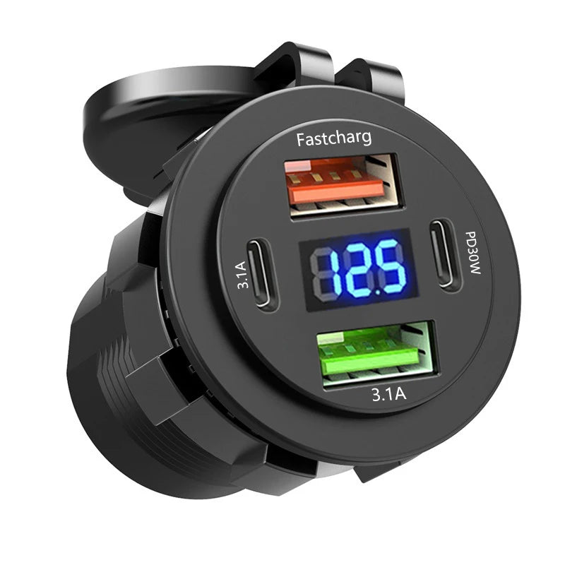 4-Port Car Charger – Dual USB & Type-C Fast Charging with Voltmeter