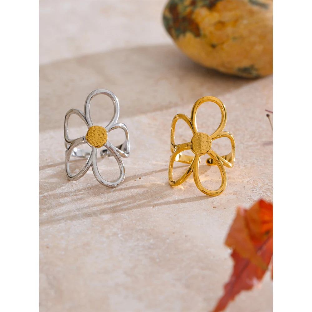 Yhpup Trendy Stainless Steel Metal Flower Adjustable Fashion Finger Ring Rust Proof Attractive Daily Jewelry Accessories Gift