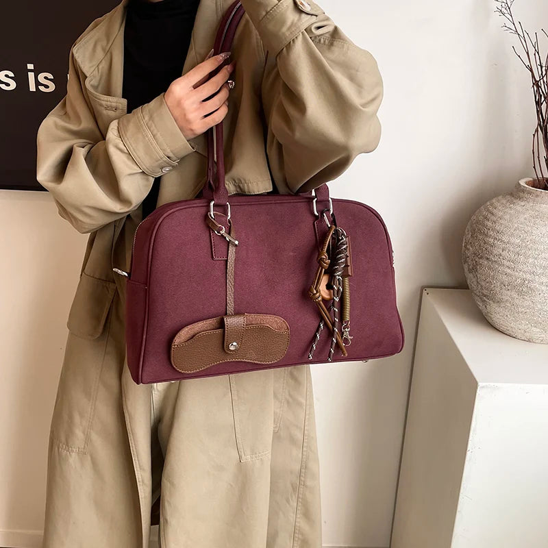 Big Size Women Bowling Bags Suede Pure Color Large Capacity Shoulder Crossbody Bag With Long Strap 2024 Luxury Designer Handbags