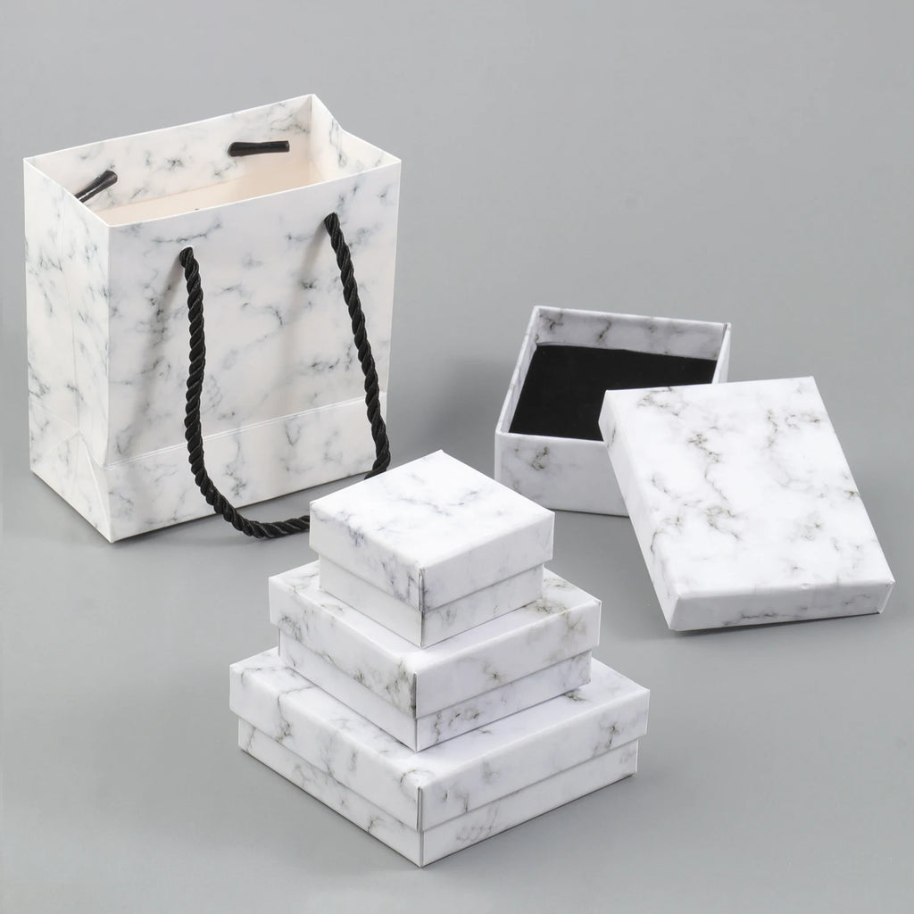1Pcs Square White Marble Color Cardboard Jewelry Box Necklace Bracelet Earrings Ring Display Gift Box Sponge Protection