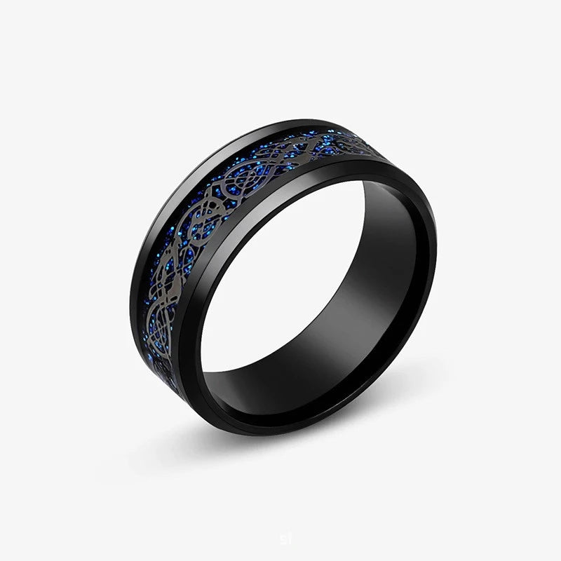 8mm Stainless Steel Domineering Dragon Pattern Rings for Men Women Punk Inlaid Blue Carbon Fibre Ring Bagues Pour Femme
