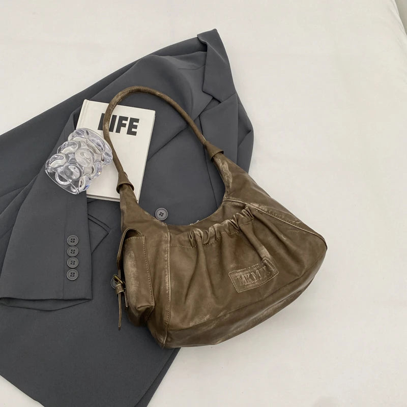 Distressed Vintage Shoulder Bags For Women Pleated Design Large Capacity Retro Hobo Bag 2024 Winter New Designer Handbags Luxury