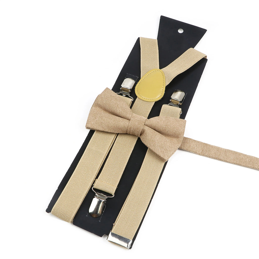 Fashion Men Kids Suspender Bowtie Sets For Wedding Party Festival Gift Brown Khaki Elastic Y-back Straps Pants Shirt Accessory