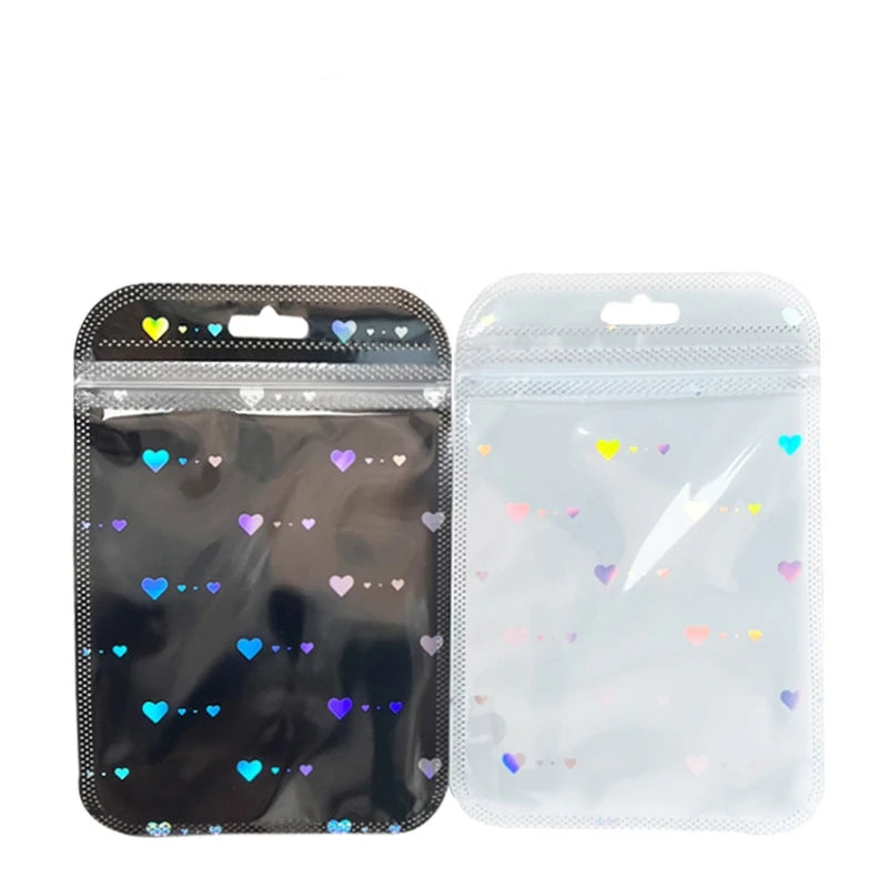 50pcs Black White Laser Heart Zipper Bags Jewelry Pouch For Bead Product Small Business Entrepreneurship Packing Material Supply