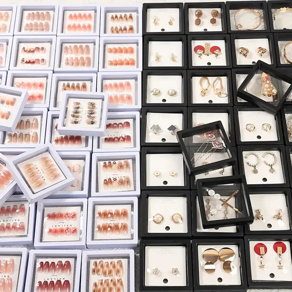 10pcs PE Film Black White Jewelry Storage Box 3D Packaging Case Free Stand Floating Frame Membrane Ring Earring Necklace Display