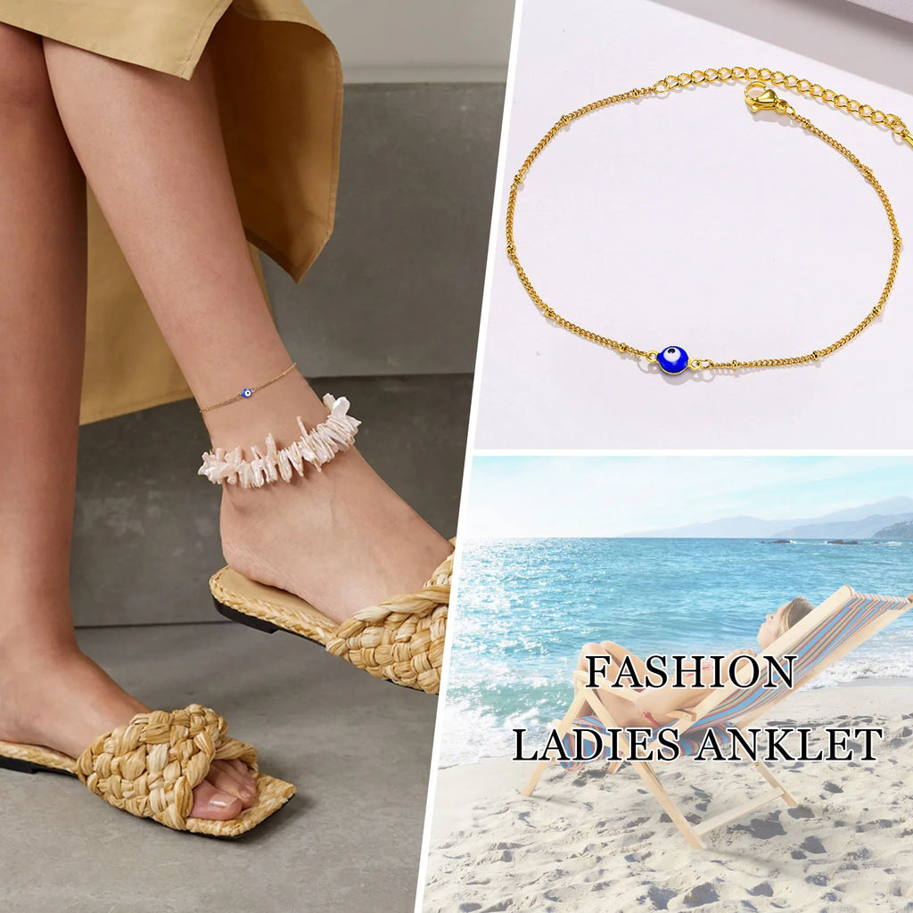 Stainless Steel Lucky Evil Eye Anklet Bracelet for Women, Blue Eye Beaded Chain Foot Anklets Summer Beach Lucky Amulet Gift