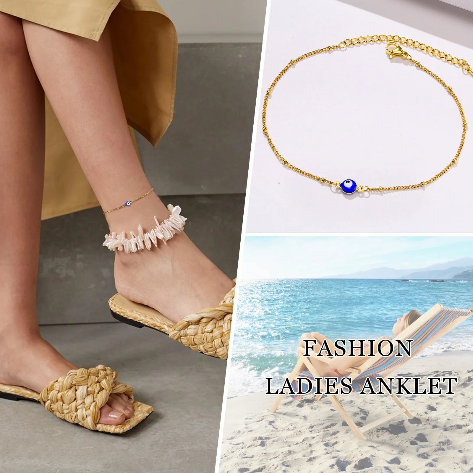 Stainless Steel Lucky Evil Eye Anklet Bracelet for Women, Blue Eye Beaded Chain Foot Anklets Summer Beach Lucky Amulet Gift
