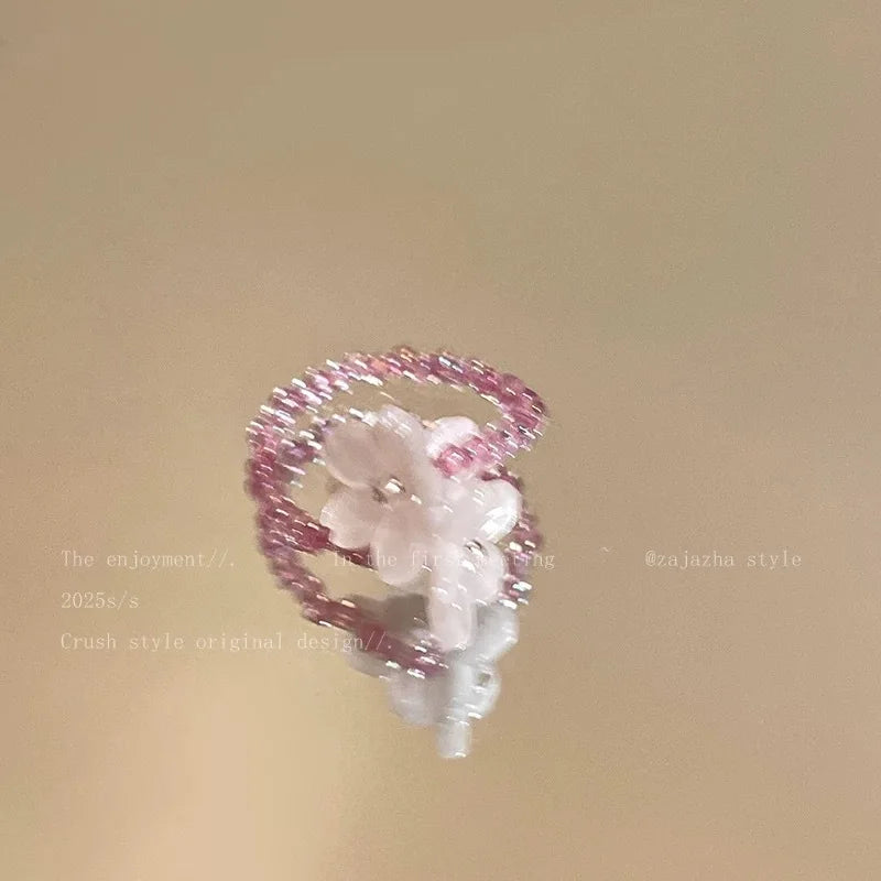 New Romantic Cute Violet Flower Ring Spring Summer Elastic Beaded Rings for Women Friends Korea Finger Jewelry Accessories Gift
