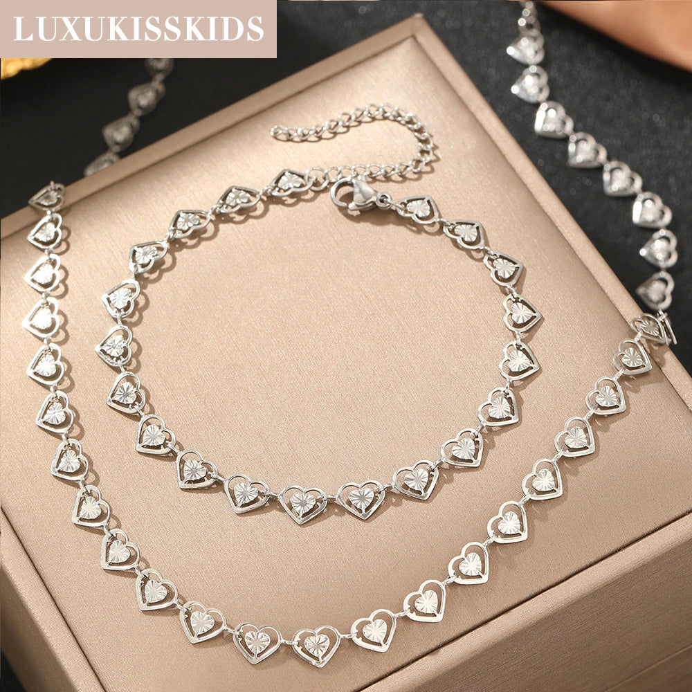 LUXUKISSKIDS Fashion Cubic Love Heart Minimalist Jewelry Set Necklace Earrings Bracelets Stainless Steel Women Party Accessories
