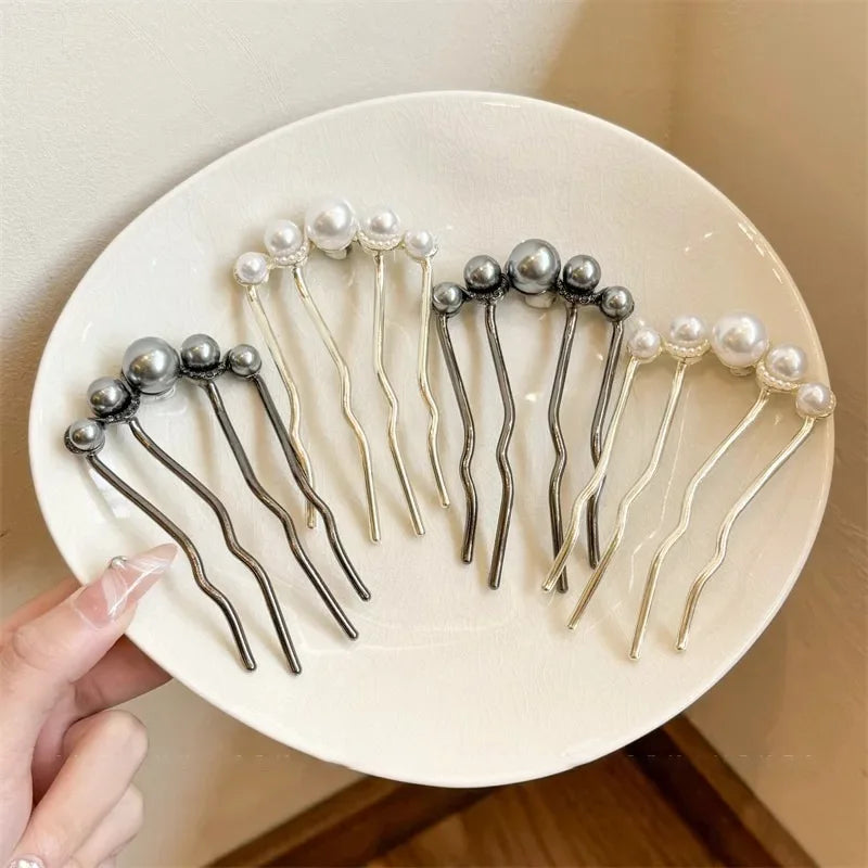 Temperament Pearl Hair Card for Women New Four-pronged Disc Fixed Hairpin Comb U-shaped Hairclip Hair Jewelry Accessories Gift