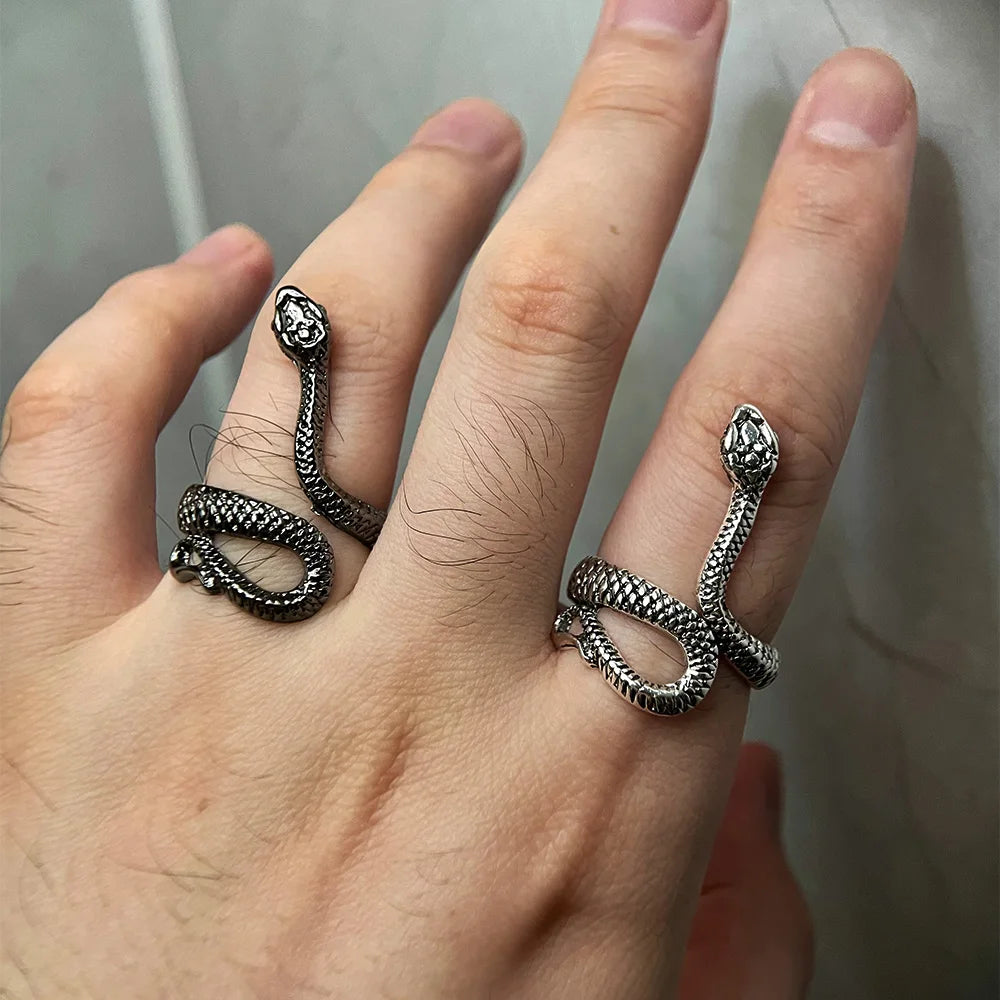 Retro Snake Python Ring For Men Women Silver Color Punk Gothic Alloy Open Ring Handmade Designer Jewelry Unisex Accessories Gift