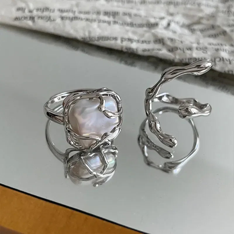 New Irregular Opening Pearl Ring Two-piece Set For Women Fashionable Personalized Daily Accessory Party Jewelry Birthday Gifts