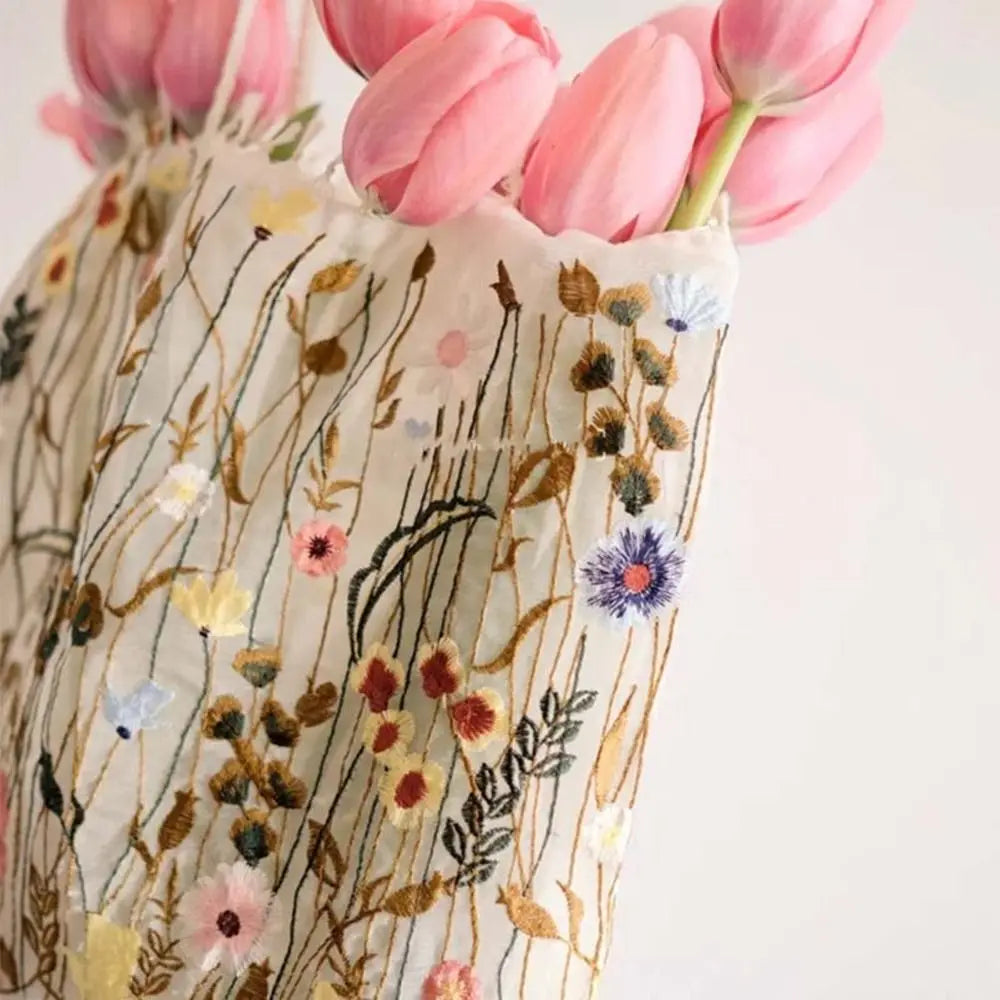 Simple Camellia Flower Embroidery Cloth Bag Lace Large Capacity Canvas Shoulder Bag Handbag Cosmetic Bag Ethnic Style Bag Girls