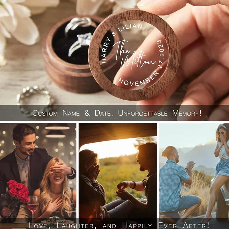 Free Custom Logo Walunt Wood Ring Box Wooden Engraving Wedding Proposal Engagement Round Wood Free Custom Name and Date Ring Box