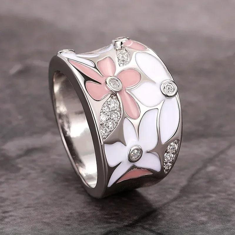2026 Women's Wedding Party Beautiful Enamel Flower Ring New Silver European and American Style Luxury Zircon Jewelry Gift