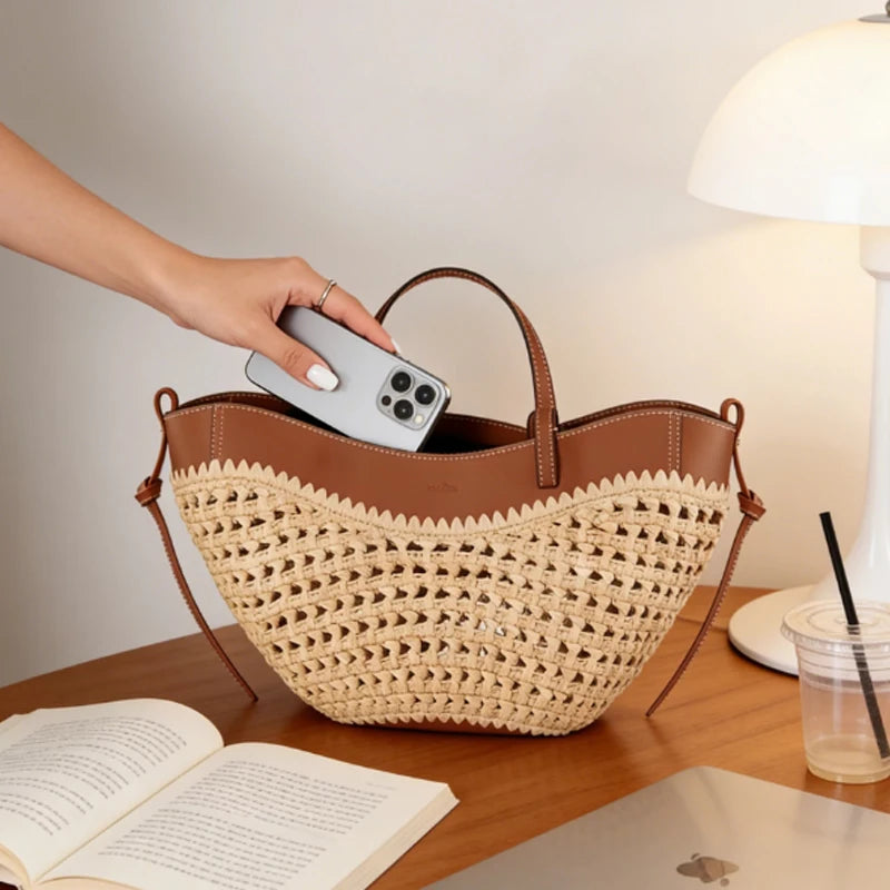 2026 Summer Hollow-out Raffia and Pu Leather Everyday Bag Lightweight Handcrafted Large Straw Tote Bag for Women Beach Bags