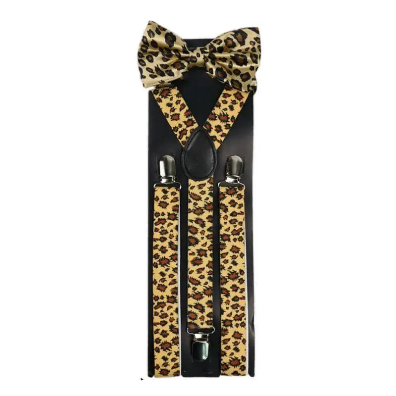 39BB Unisex Suspender Bow Tie Set Wide Leopard Print Adjustable 3 Clip-On Y-Back Belt