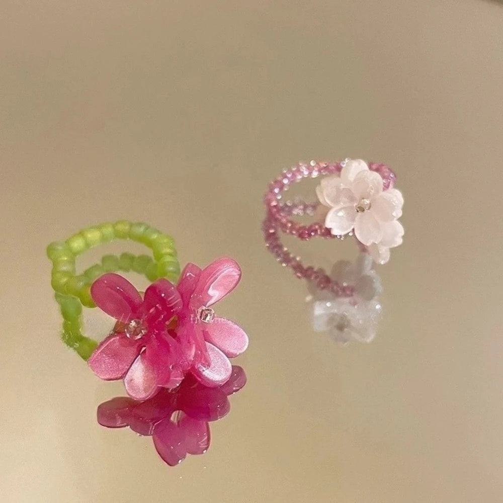 New Romantic Cute Violet Flower Ring Spring Summer Elastic Beaded Rings for Women Friends Korea Finger Jewelry Accessories Gift
