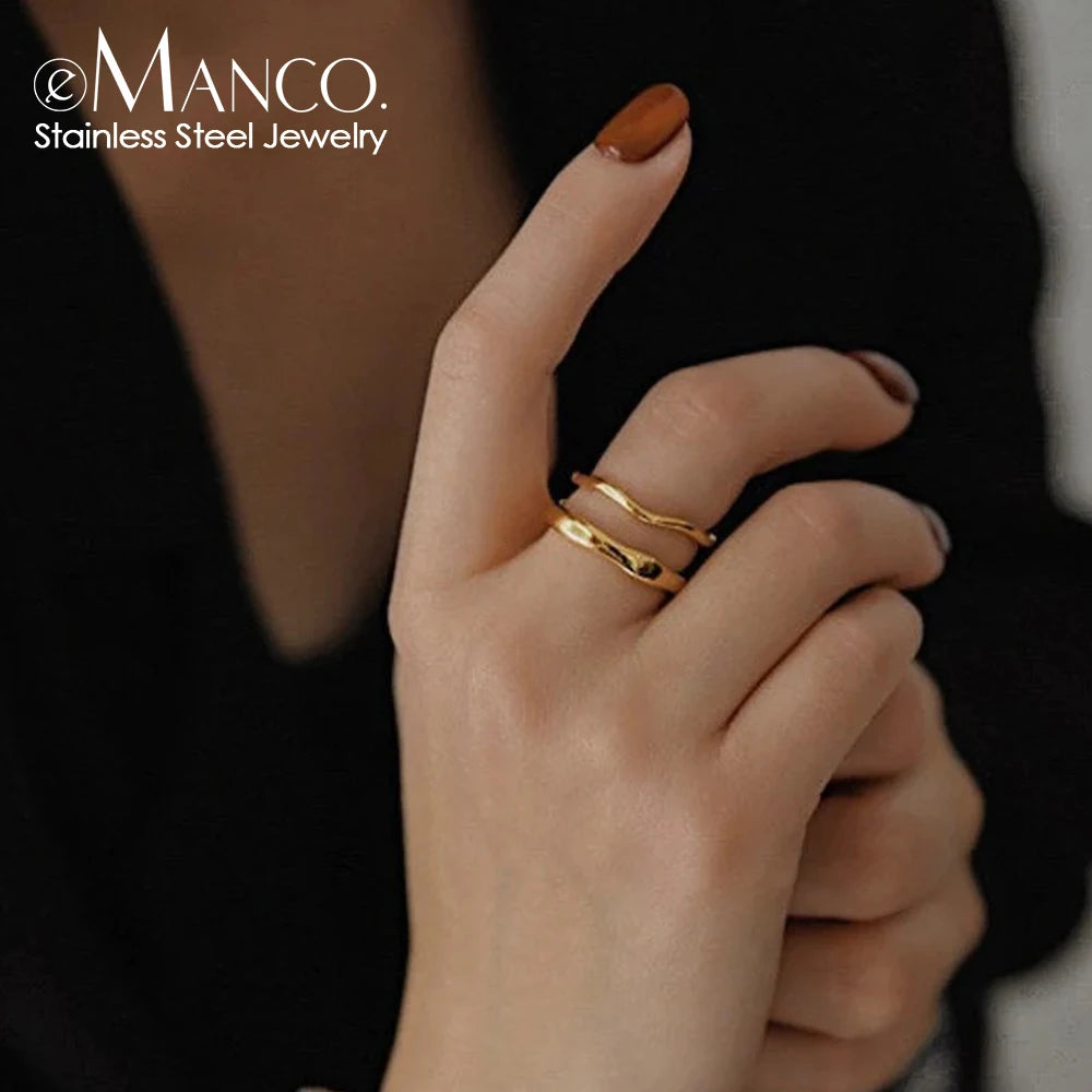 EManco Gold Color / Silver Color Irregular Wave Rings Trendy Simple Geometric Handmade Jewelry for Women Couple