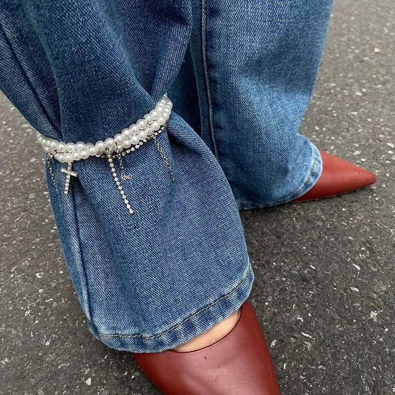 Pearl Cross Tassel Beaded Pants Ankle Chain For Women Foot Chains Jeans Jewelry Trouser Leg Decorative Clothing Accessories