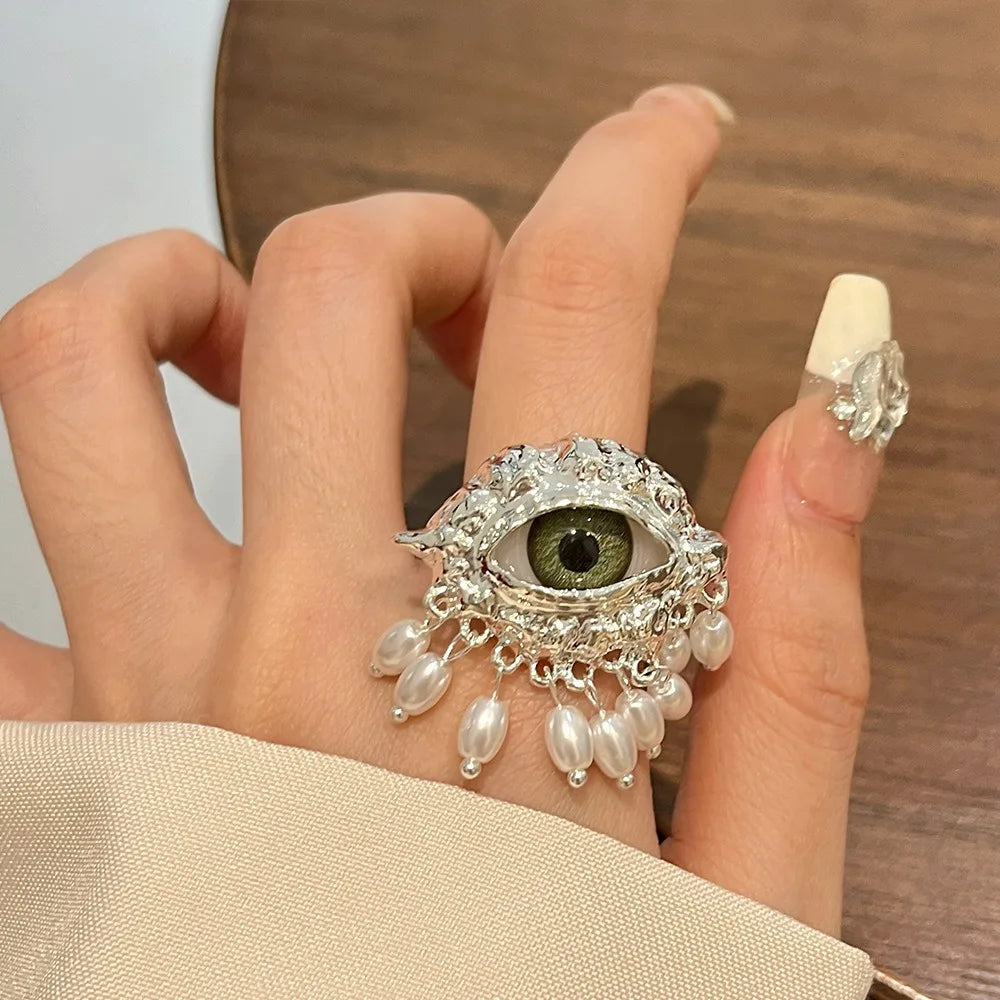 Aesthetic Vintage Devil's Eye Ring Tassels Imitated Pearl Glaze Ring Trendy Delicate Opening Finger Ring Party Favors