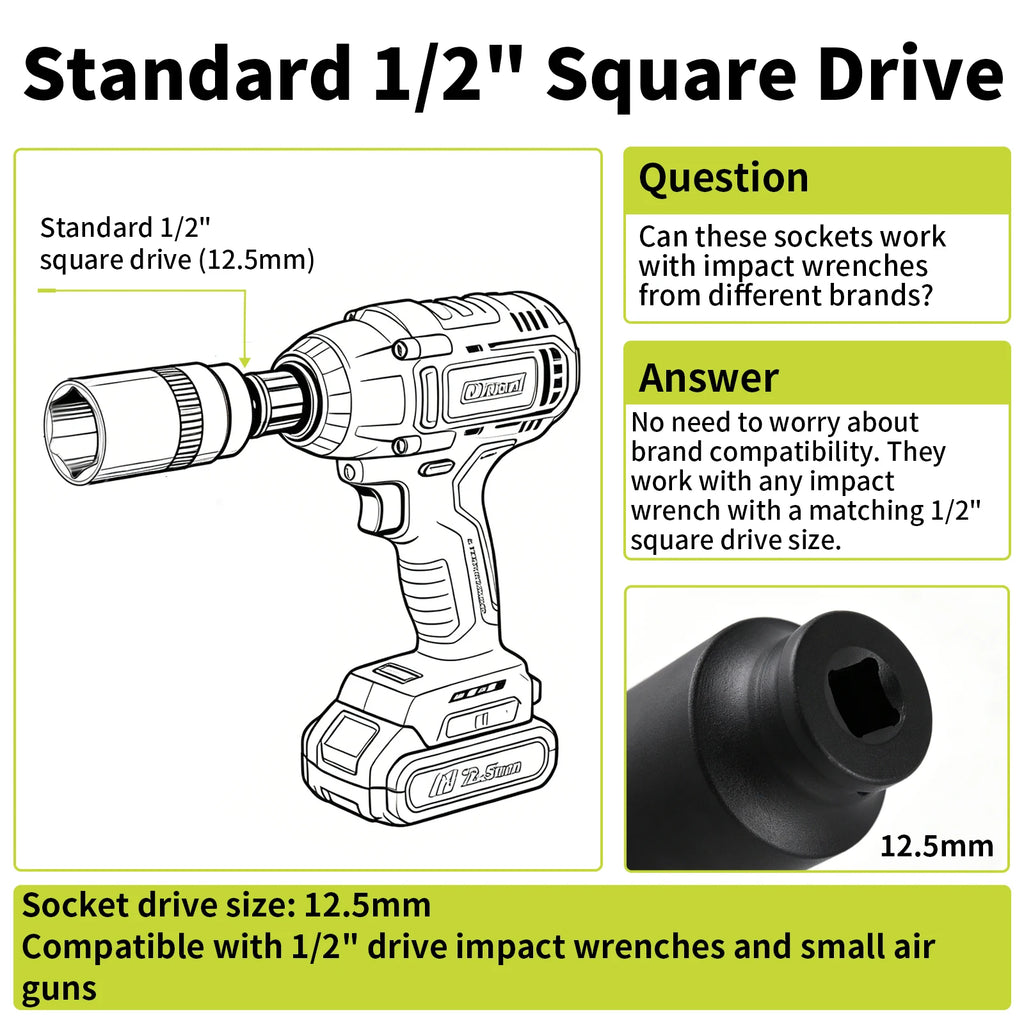 1/2" Inch Drive Deep Impact Sockets Metric Air Pneumatic Socket Wrench Head 10-38mm Standard Durable Car Auto Truck Repair Tools