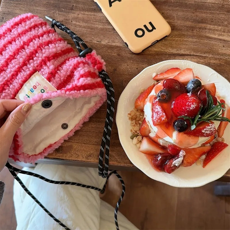 New Fashion Plush Rainbow Polka Dot Cute Little Bag Pink Shoulder Crossbody Bag Women Shopping Storage Bag Portable Phone Pouch