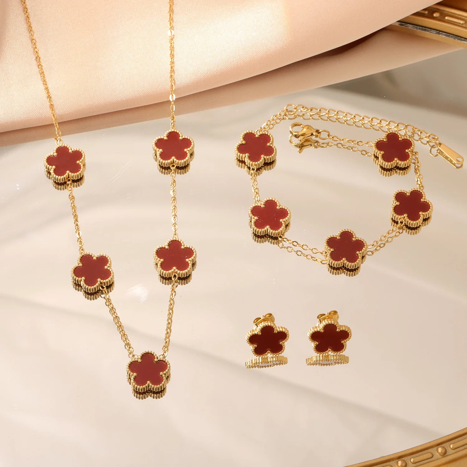 LUXUKISSKIDS Fashion Flower Necklace Earrings Set Jewelry Women Stainless Steel White Shell Clover Bracelet Jewelry Accessories