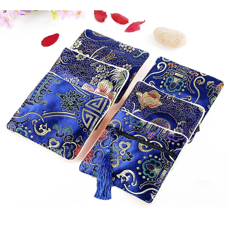 Chinese Brocade Jewelry Bag Handmade Silk Embroidery Tassel Zipper Satin Gift Bag Jewelry Packaging Pouches Coin Purse Wholesale
