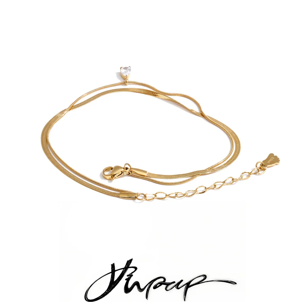 Yhpup Stainless Steel Zirconia Snake Chain Double Layer Anklet Exquisite Fashion Basic Casual Lightweight Jewelry Gift