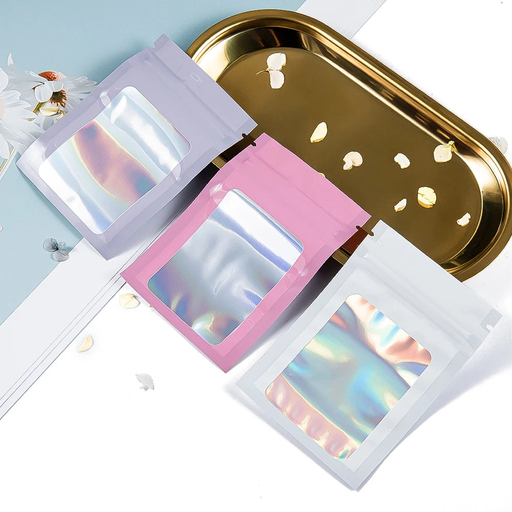 50Pcs Thick Smell Proof Mylar Bag Holographic Laser Color Plastic Packaging Pouch Jewelry Retail Storage Pouch Gift Zip Lock Bag
