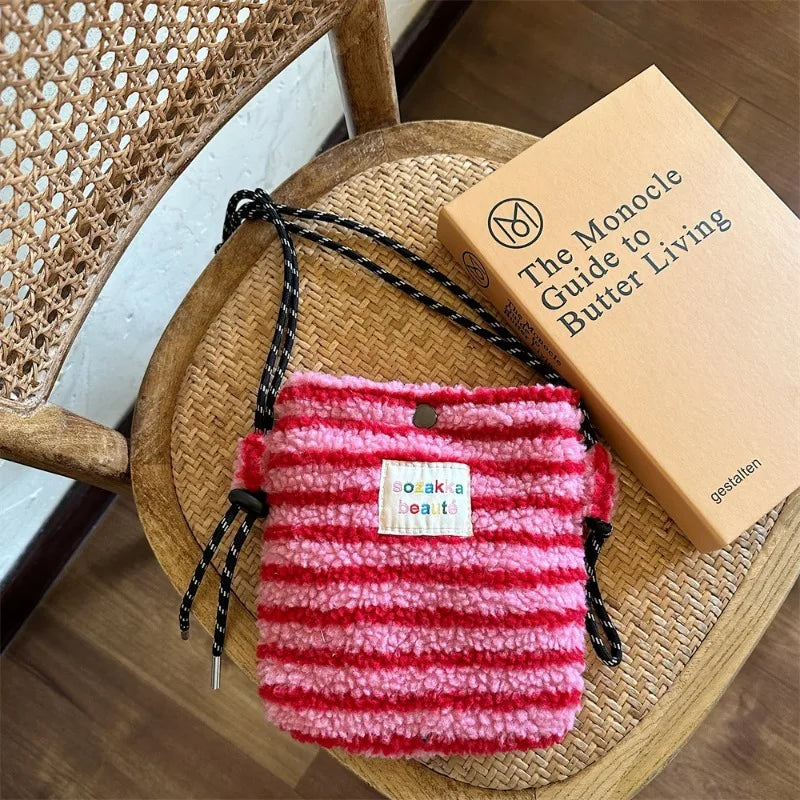 New Fashion Plush Rainbow Polka Dot Cute Little Bag Pink Shoulder Crossbody Bag Women Shopping Storage Bag Portable Phone Pouch