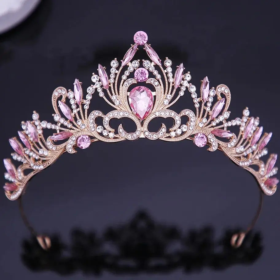 DIEZI Elegant Korean AB Pink Red Crystal Tiara Crown Women Girls Party Wedding Princess Rhinestone Bridal Crown Hair Jewelry