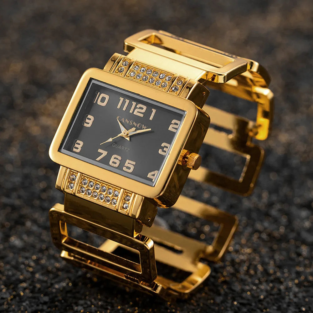 Cansnow Rectangle Ladies Wristwatch Gold Silver Bangle Watches for Women Rhinestone Hollow Steel Quartz Female FashionClock