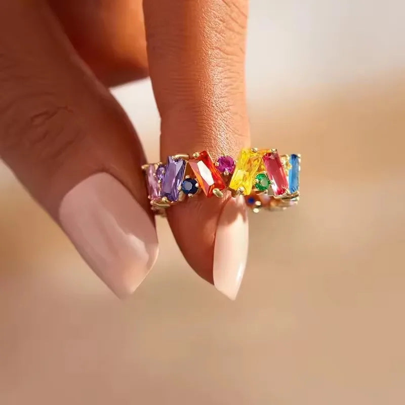 New Irregualr Design Colorful CZ Women Rings Gold Color/Silver Color Geometric CZ Rainbow Rings Luxury Trendy Exquisite Jewelry